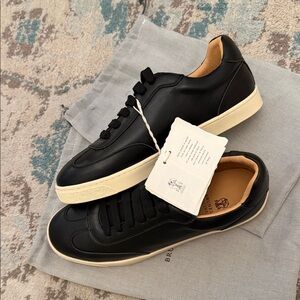 Black Leather Low-Top Sneakers with Cream Sole - Men's